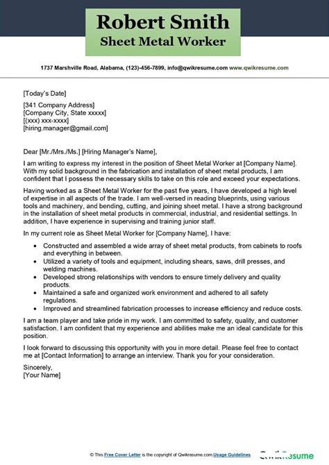 cover letter sheet metal fabrication|sheet metal cover letter.